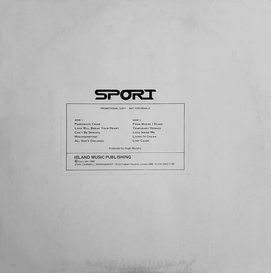 Image of Front Cover of LP - VG/VG+ - SPORT, Sport (Island Music Publishing ; Sport LP, UK 1984, Promo Only White Label, Stickered Plain Sleeve), Strong VG+, Spine damage, Slight Ring Wear,  - 1126157E