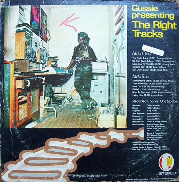 Image of Back Cover of 12" - G/G+ - GUSSIE CLARKE (VARIOUS ARTISTS), The Right Tracks (Gussie; GLP 001, Jamaica 1976), Loads of light marks, sounds VG, light hiss. WOL. Heavy wear on sleeve, splits, WOC.,  - 1126224E