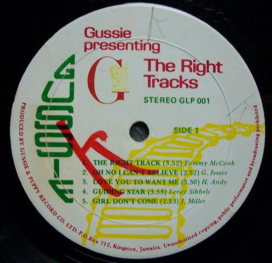 Image of Label Cover of 12" - G/G+ - GUSSIE CLARKE (VARIOUS ARTISTS), The Right Tracks (Gussie; GLP 001, Jamaica 1976), Loads of light marks, sounds VG, light hiss. WOL. Heavy wear on sleeve, splits, WOC.,  - 1126224E