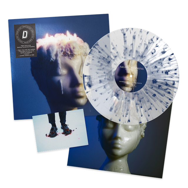 Image of Back Cover of LP - NEW/NEW - NIGHT SWIMMING, Melting, Sometimes Bleeding - Dinked Edition (Venn Records; VENN084X, UK 2026, Clear Vinyl with Blue Splatter, Limited Edition of 300, Signed & Numbered Alternative Artwork Print, Postcard, Dinked Edition No. 401. ), , Drawn to the darker nuances of human experience, Night Swimming craft vivid, cinematic soundscapes that blur the lines between dream-pop and indie rock. Driven by a love of film, the Bath-based five-piece invite listeners to visualise and 