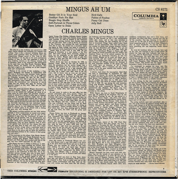 Image of Back Cover of LP - VG/G+ - CHARLES MINGUS, Mingus Ah Um (Columbia; CS 8171, US 1971 Reissue, Pasteback Sleeve, Stereo), Notable surface mark across A-side but otherwise fairly clean. Sleeve has some wear and splits at edges; scuffs; two corners creased. Small writing in biro on reverse,  - 1116270C