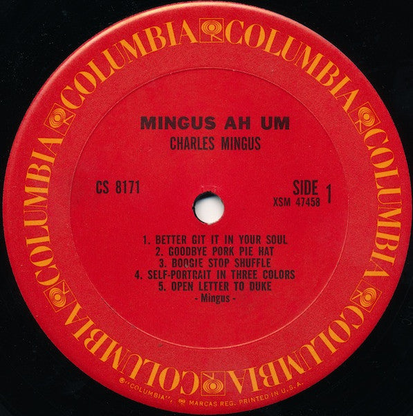 Image of Label Cover of LP - VG/G+ - CHARLES MINGUS, Mingus Ah Um (Columbia; CS 8171, US 1971 Reissue, Pasteback Sleeve, Stereo), Notable surface mark across A-side but otherwise fairly clean. Sleeve has some wear and splits at edges; scuffs; two corners creased. Small writing in biro on reverse,  - 1116270C