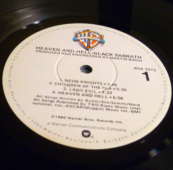 Image of Label Cover of LP - VG/VG - BLACK SABBATH, Heaven And Hell (Warner Bros. Records; BSK 3372, US 1980, Company Inner, Winchester Pressing, Small Deep Groove Pressing Ring ), Strong VG Throughout, Clean, Glossy disc, A couple of very light hairlines only really visible under strong light, Nice sleeve, Just a couple of spine pinches. ,  - 1116242C