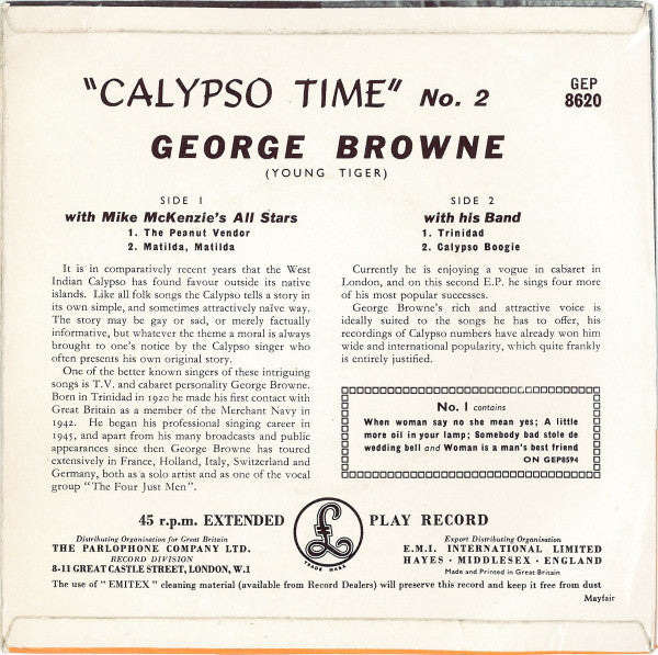 Image of Back Cover of 7" EP - VG+/VG+ - GEORGE BROWNE WITH MIKE MCKENZIE'S ALL STARS, Calypso Time No. 2 (Parlophone; GEP 8620, UK 1957, Laminated Flipback Sleeve, 4-Prong Centre), A few light lines only, shiny. Centre intact. In nice pic sleeve.,  - 1116300C