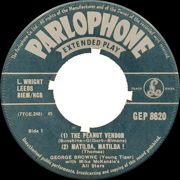 Image of Label Cover of 7" EP - VG+/VG+ - GEORGE BROWNE WITH MIKE MCKENZIE'S ALL STARS, Calypso Time No. 2 (Parlophone; GEP 8620, UK 1957, Laminated Flipback Sleeve, 4-Prong Centre), A few light lines only, shiny. Centre intact. In nice pic sleeve.,  - 1116300C