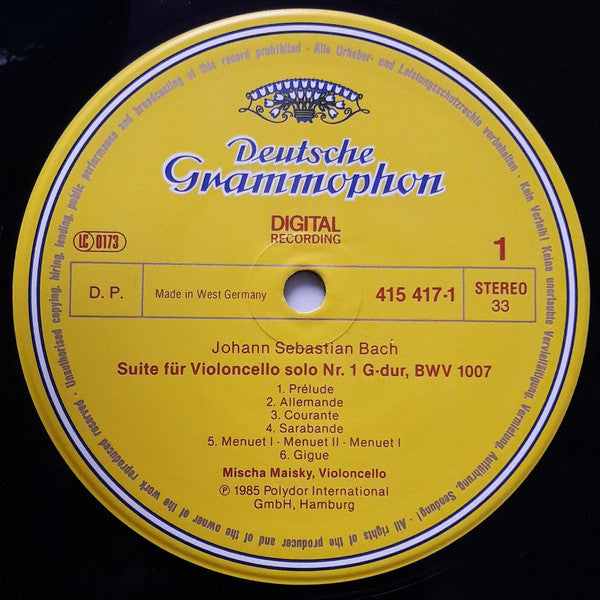 Image of Label Cover of 3xLP - VG+/VG+ - MISCHA MAISKY, Bach: 6 Cello-Suiten = Suites For Solo Cello = Suites Pour Violoncelle Solo BWV 1007 1012 (Deutsche Grammophon; 415 416-1, Europe 1985, Box Set, Booklet), ,  - 1126244E