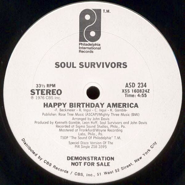 Image of Front Cover of 12" - /VG - SOUL SURVIVORS, Happy Birthday America (Philadelphia International Records; ASD 234, US 1976, Promo), ,  - 1116305C