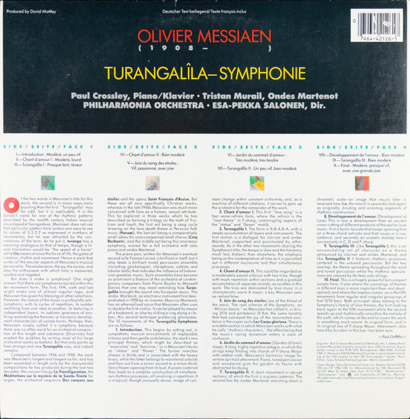 Image of Back Cover of LP - VG+/VG+ - ESA-PEKKA SALONEN, PHILHARMONIA ORCHESTRA, Messiaen: Turangal la-Symphonie (CBS Masterworks Digital; I2M 42126, US 1986), ,  - 1126249E