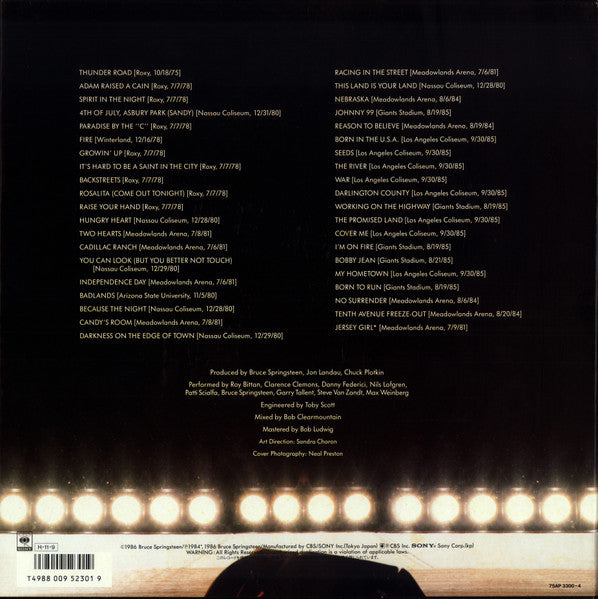 Image of Back Cover of 5xLP - VG+/VG+ - BRUCE SPRINGSTEEN AND THE E-STREET BAND, Live/1975-85 (CBS/Sony; 75AP 3300-4, Japan 1986, Box Set, 5 Inners & Booklet), ,  - 4126143E
