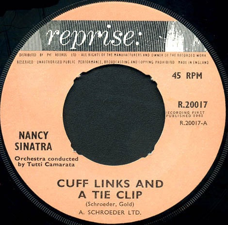 Image of Back Cover of 7" - VG/VG - NANCY SINATRA, Cuff Links And A Tie Clip / Not Just Your Friend (Reprise Records; R-20, UK 1961, Picture Sleeve), Edge and Ring Wear,  - 1156117S