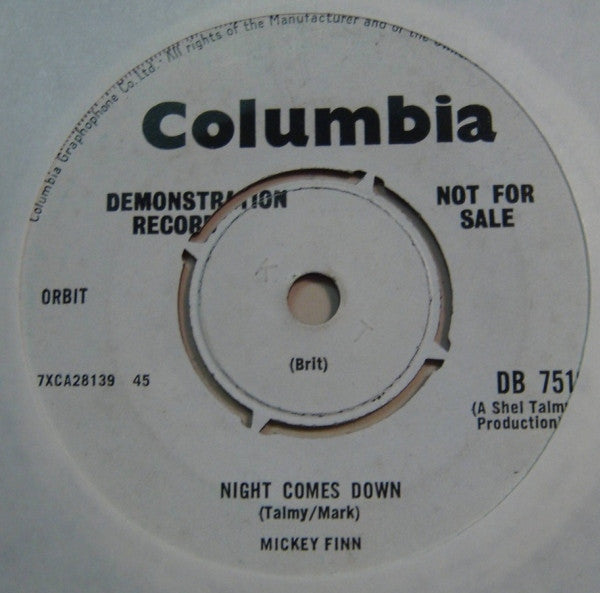 Image of Back Cover of 7" - /VG - MICKEY FINN, The Sporting Life / Night Comes Down (Columbia; DB 7510, UK 1965, Promo), Neat date stamp and small sticker on label. Centre intact. Light marks all over, plays through fine with light crackle on intros. ,  - 1156127S