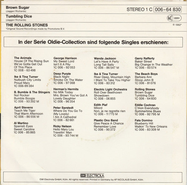 Image of Back Cover of 7" - VG/VG+ - THE ROLLING STONES, Brown Sugar / Tumbling Dice (Rolling Stones Records; 1C 006-64830, Germany 1982, Picture Sleeve, Large Centre Hole), ,  - 1116374C