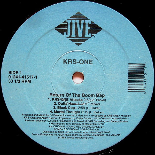 Image of Back Cover of 4314438C: 2xLP - KRS-ONE, Return Of The Boom Bap (Jive; 01241-41517-1, US 1993, Stickered Plain Sleeve, Blue label US original) Sleeve has sticker ghost / damage  VG/G