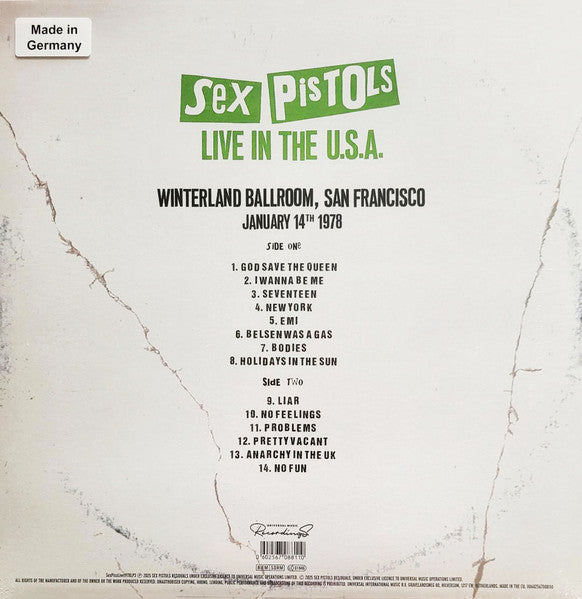 Image of Back Cover of LP - NEW/NEW - SEX PISTOLS, Live In The U.S.A. (Winterland Ballroom, San Francisco) (January 14th 1978) (Universal Music Recordings; SexPissLive1978LP3, Worldwide 2025), ,  - 1136179E