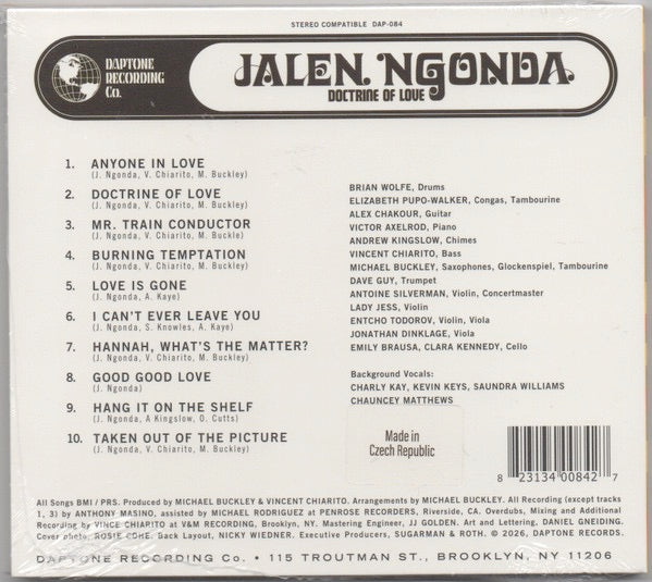 Image of Back Cover of CD - NEW/NEW - JALEN NGONDA, Doctrine of Love (Daptone Records; DAP084CD, Europe 2026), , Since the release of his critically acclaimed debut full length, 2023 s Come Around and Love Me, Jalen s career has undergone a meteoric rise. The track  If You Don t Want My Love  went viral, garnering 253 million streams to date. Jalen has appeared on a number of major television programmes, including The Graham Norton Show, The Late Show with Stephen Colbert and Later with Jools Holland. He op