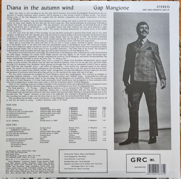 Image of Back Cover of LP - NEW/NEW - GAP MANGIONE, Diana In The Autumn Wind (Be With Records; BEWITH200LP, Europe 2026, Insert), , This is the first ever vinyl reissue of Gap Mangione's Diana In The Autumn Wind, produced with the full and extensive participation of Gap. An exceedingly rare album, it's been coveted by funk, soul, jazz and hip-hop sample fiends for decades. But this record is so much more than a sample-spotters curio. It's solid gold throughout. Bursting with killer funky-jazz grooves and tr