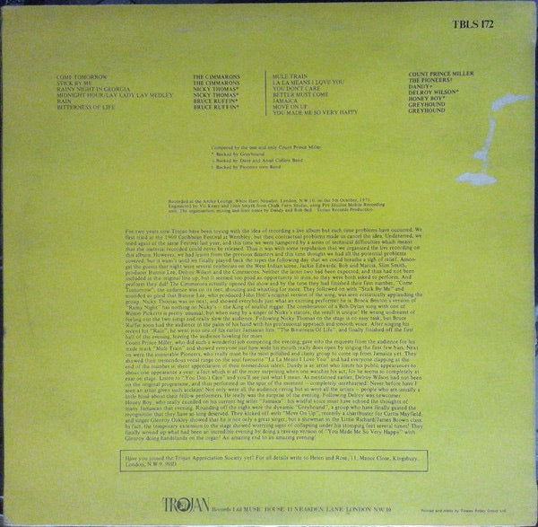 Image of Back Cover of LP - VG/G+ - VARIOUS ARTISTS, Trojan Reggae Party Volume One (Trojan Records; TBLS-172, UK 1971), Conservative grading ; one small mark causes a few ticks, rest is VG+. ,  - 2646227S
