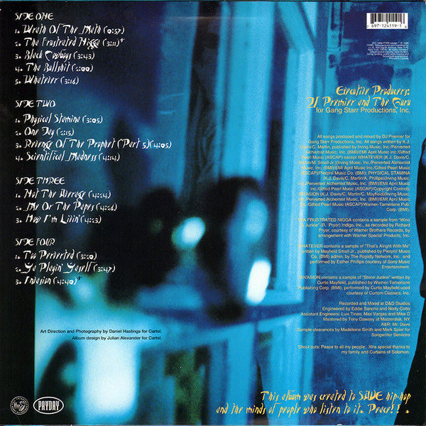 Image of Back Cover of 2xLP - VG/G - JERU THE DAMAJA, Wrath Of The Math (Payday/ffrr; 697-124-119-1, US 1996), Side C very fogged and plays through with surface noise. Rest of the sides only have light marks but play through well. Labels of disc two worn / damaged. Sleeve in hype stickered shrink (a small rip in plastic). Bumped, creased and worn corners; some wear along opening,  - 3416500C