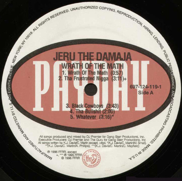 Image of Label Cover of 2xLP - VG/G - JERU THE DAMAJA, Wrath Of The Math (Payday/ffrr; 697-124-119-1, US 1996), Side C very fogged and plays through with surface noise. Rest of the sides only have light marks but play through well. Labels of disc two worn / damaged. Sleeve in hype stickered shrink (a small rip in plastic). Bumped, creased and worn corners; some wear along opening,  - 3416500C