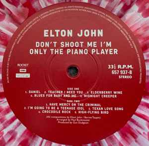Image of Label Cover of LP - VG+/VG+ - ELTON JOHN, Don't Shoot Me I'm Only The Piano Player (Rocket Entertainment; 657 937-8, Worldwide 2024 Reissue, Clear Plastic Sleeve, Insert, Red With Cream Splatter Vinyl), ,  - 1246002S