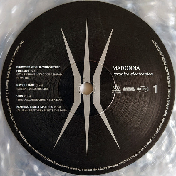 Image of Label Cover of LP - VG+/VG+ - MADONNA, Veronica Electronica (Rhino Records; RCV1 725398, Worldwide 2025, Limited Edition on Marbled Silver Vinyl), , 8 TRACKS CELEBRATING MADONNA'S RAY OF LIGHT ALBUMFEATURING RARE AND NEWLY EDITED REMIXESPLUS THE PREVIOUSLY UNRELEASED "GONE GONE GONE"ALL REMASTERED AND PRESSED ON SILVER VINYL - 1126340E