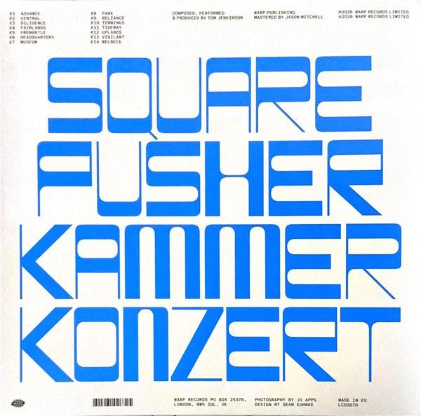 Image of Front Cover of 2xLP - NEW/NEW - SQUAREPUSHER, Kammerkonzert (Warp; WARPLP417, Europe 2026, Gatefold, Black Vinyl), , Tom Jenkinson aka Squarepusher presents Kammerkonzert, a riot of onyx-hard hyperfast riffs, fiendish orchestral themes and handbrake turns through varieties of progressive, ambient, electronic and experimental music. The singular hardcore rave / IDM producer, experimental musician and creator of futuristic forms of fusion, has a three-decade-long back catalogue studded with a variety