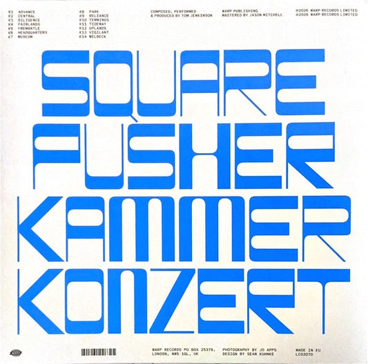 Image of Front Cover of 2xLP - NEW/NEW - SQUAREPUSHER, Kammerkonzert (Warp; WARPLP417, Europe 2026, Gatefold, Black Vinyl), , Tom Jenkinson aka Squarepusher presents Kammerkonzert, a riot of onyx-hard hyperfast riffs, fiendish orchestral themes and handbrake turns through varieties of progressive, ambient, electronic and experimental music. The singular hardcore rave / IDM producer, experimental musician and creator of futuristic forms of fusion, has a three-decade-long back catalogue studded with a variety
