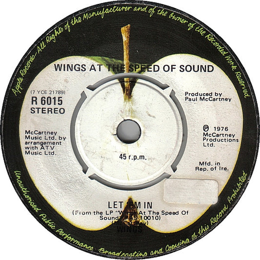 Image of Front Cover of 7" - F/G+ - WINGS, Let 'Em In (Apple Records; R 6015, Ireland 1976, Company Sleeve, Irish pressing with reversed Apple labels.), WOL.,  - 1256006S