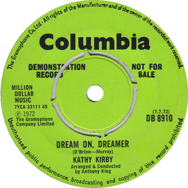 Image of Back Cover of 7" - VG/VG - KATHY KIRBY, Do You Really Have A Heart/Dream On, Dreamer (Columbia; DB 8910, UK 1972, Promo, Company Sleeve), Small sticker on label. Centre intact. ,  - 1256011S