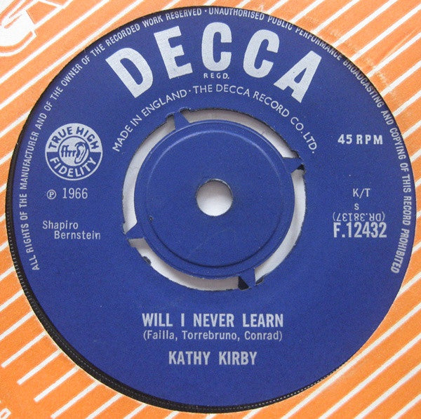 Image of Back Cover of 7" - /G+ - KATHY KIRBY, The Adam Adamant Theme/Will I Never Learn (Decca; F.12432, UK 1966), Surface noise, groove wear, hairlines all over disc. In company inner. WOL.,  - 2456110S