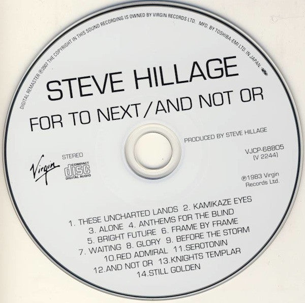 Image of Label Cover of CD - VG+/VG+ - STEVE HILLAGE, For To Next / And Not Or (Virgin; VJCP-68805, Japan 2007, Card Sleeve, Remastered), With Obi,  - 1236016E
