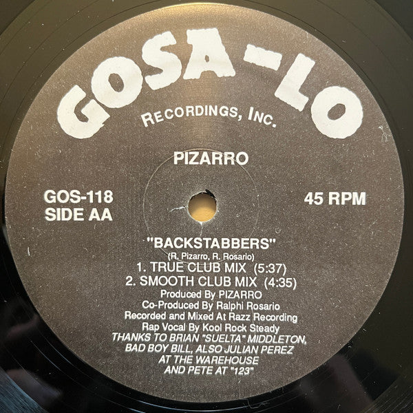 Image of Front Cover of 12" - /G+ - PIZARRO, Backstabbers (Gosa-Lo Recordings; GOS-118, US 1991), Sticker on label, light marks and hairlines on disc, some light fogging in areas. Very close to VG.,  - 1216085C