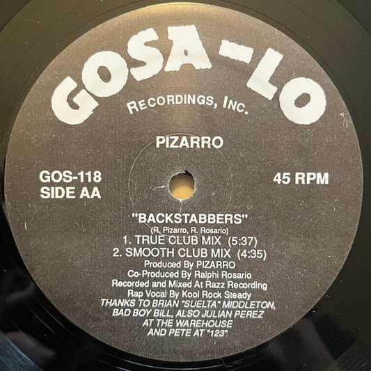Image of Front Cover of 12" - /G+ - PIZARRO, Backstabbers (Gosa-Lo Recordings; GOS-118, US 1991), Sticker on label, light marks and hairlines on disc, some light fogging in areas. Very close to VG.,  - 1216085C