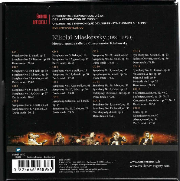 Image of Back Cover of 16xLP - VG+/VG+ - EVGENY SVETLANOV, ORCHESTRE SYMPHONIQUE D' TAT DE LA F D RATION DE RUSSIE, ORCHESTRE SYMPHONIQUE DE L'URSS, Miaskovsky: Int grale Des Symphonies = Complete Symphonies (Warner Music France; 2564 69689-8, Europe 2007, Box Set), ,  - 1236057E