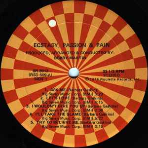 Image of Label Cover of LP - VG/VG - ECSTASY, PASSION & PAIN, Ecstasy, Passion & Pain (Roulette; SR-3013, US 1974), Light marks. Sticker residue on sleeve. Ringwear & light creasing.,  - 1226117E