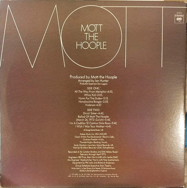 Image of Back Cover of LP - VG/VG - MOTT THE HOOPLE, Mott (Columbia; PC 32425, US 1970s Reissue, Gatefold, Pitman Pressing), Strong VG,  - 1216064C
