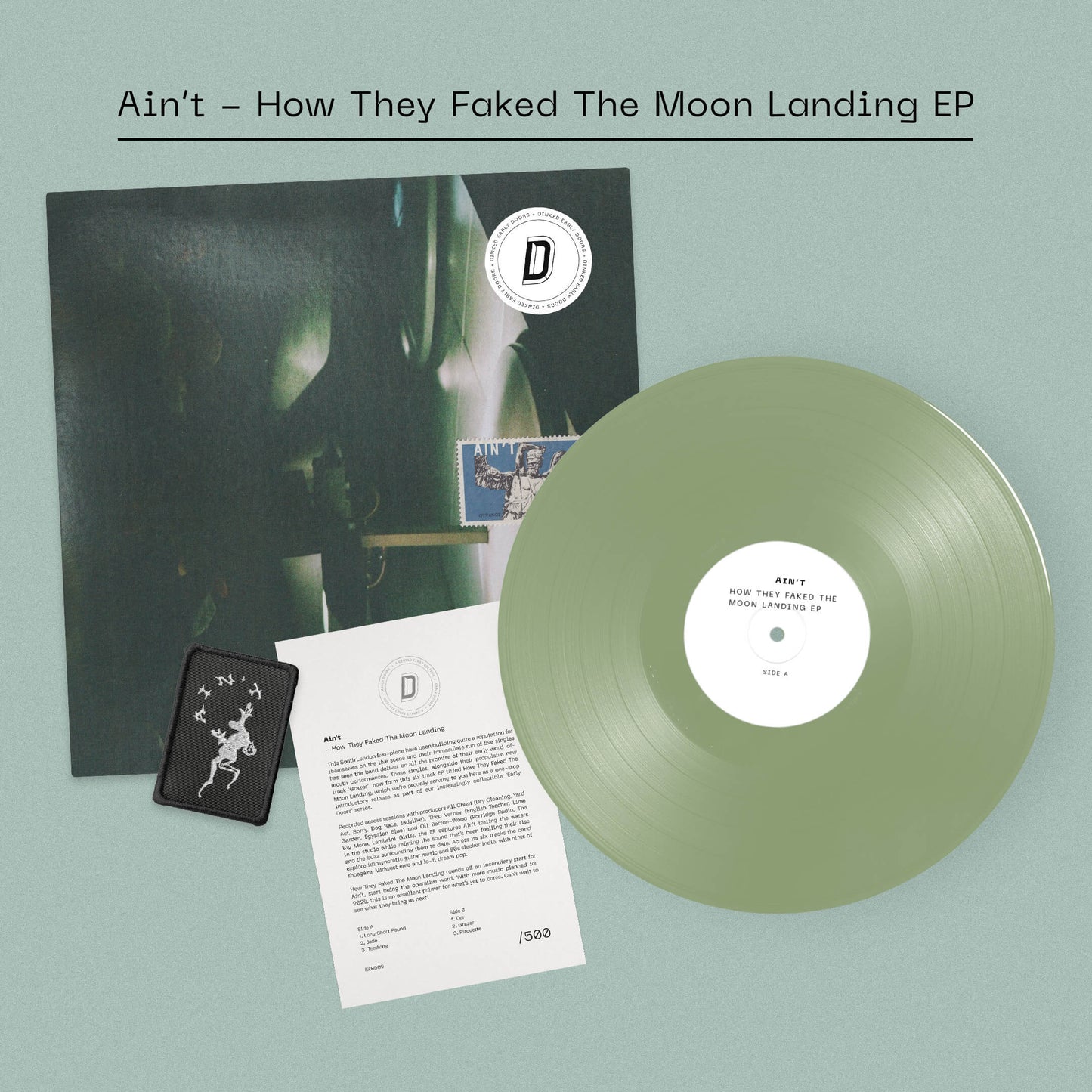 Image of Front Cover of 12" EP - NEW/NEW - AIN’T, How They Faked The Moon Landing EP (Fear of Missing Out Records; NERD09, UK 2026, Signed Insert, Duck egg green vinyl, Ain’t woven patch, Signed, numbered & debossed A5 insert, Exclusive limited pressing of 500, Dinked Early Doors Edition ED.09.), , Today, South London outfit Ain’t return with their first new music of 2026. The propulsive new track “Grazer” comes on the heels of an enviable last year for the five-piece, with highlights that include a spot in