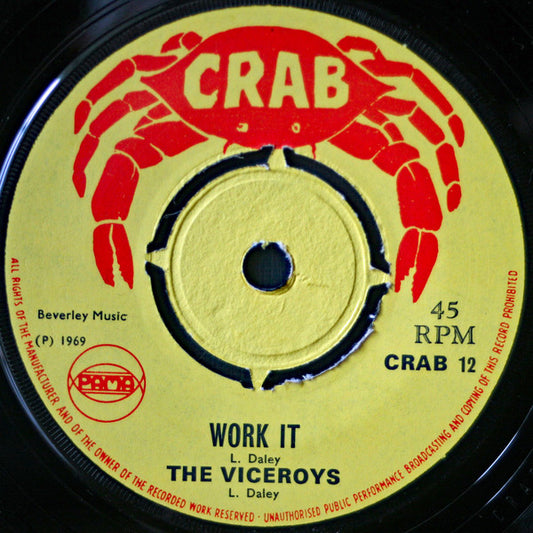Image of Front Cover of 7" - /G+ - THE VICEROYS / THE PARAGONS, Work It / You Mean So Much To Me (Crab; CRAB 12, UK 1969, 4-Prong Centre), Loads of marks and scuffs, plays above grade. Visible large mark on side B nap. No centre piece, WOL.,  - 1256028S