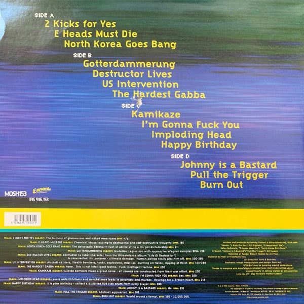 Image of Back Cover of 2x12" EP - VG/VG+ - JOHNNY VIOLENT, Shocker (Earache; MOSH 153, UK 1996, Limited Edition Bullet Hole Sleeve, Stickered Sleeve), Light sleeve crease, Clean bullet hole, Glossy discs,  - 1216182C