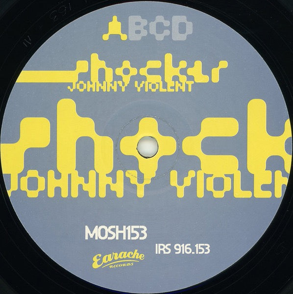 Image of Label Cover of 2x12" EP - VG/VG+ - JOHNNY VIOLENT, Shocker (Earache; MOSH 153, UK 1996, Limited Edition Bullet Hole Sleeve, Stickered Sleeve), Light sleeve crease, Clean bullet hole, Glossy discs,  - 1216182C