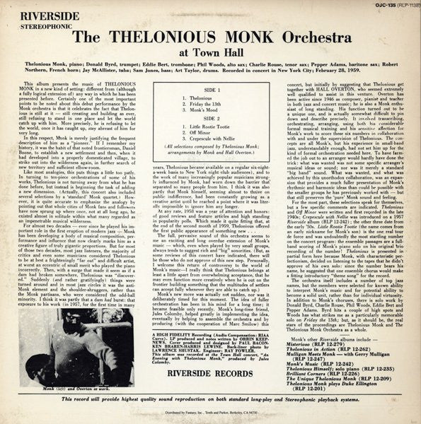 Image of Back Cover of LP - VG+/VG - THE THELONIOUS MONK ORCHESTRA, At Town Hall (Original Jazz Classics; OJC-135, US 1984 Reissue), Still In Stickered Shrinkwrap. ,  - 3916268C