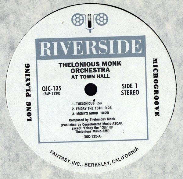 Image of Label Cover of LP - VG+/VG - THE THELONIOUS MONK ORCHESTRA, At Town Hall (Original Jazz Classics; OJC-135, US 1984 Reissue), Still In Stickered Shrinkwrap. ,  - 3916268C