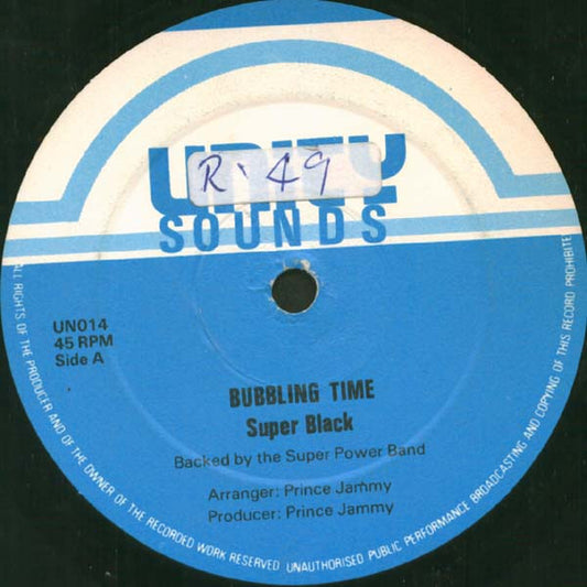 Image of Front Cover of 12" - VG/VG - SUPER BLACK, Bubbling Time / Take Life Easy (Unity Sounds; UN014, UK 1980s, Company Sleeve), ,  - 1226197E