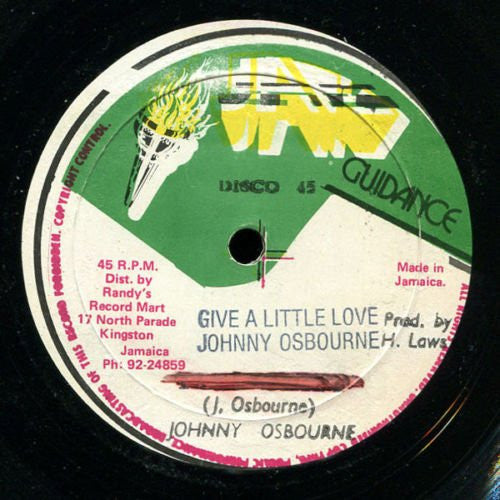 Image of Front Cover of LP - VG/VG+ - JOHNNY OSBOURNE, Give A Little Love / Backra (Jah Guidance; , Jamaica 1981, VP Disco 45 Company Sleeve), A few light lines, plays solid VG+, loud. Clean labels. In nice company sleeve.,  - 1646116S