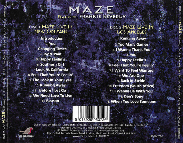 Image of Back Cover of CD - EX/EX - MAZE FEATURING FRANKIE BEVERLY, Live in New Orleans / Live in Los Angeles (Robinsongs ; ROBIN7CDD, Europe 2016), Opened Instore/Unplayed,  - 1256061S
