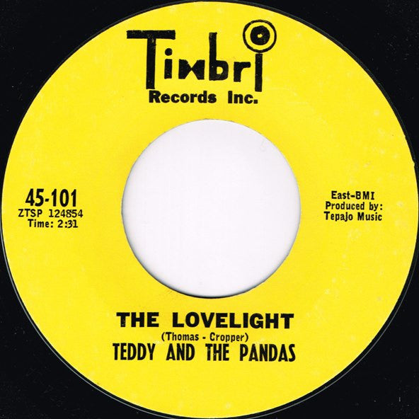 Image of Front Cover of 7" - /G - TEDDY AND THE PANDAS, The Lovelight / A Day In The City (Timbri Records; 45-101, US 1967), Lighter marks mainly. Writing on label in green marker pen,  - 1216288C
