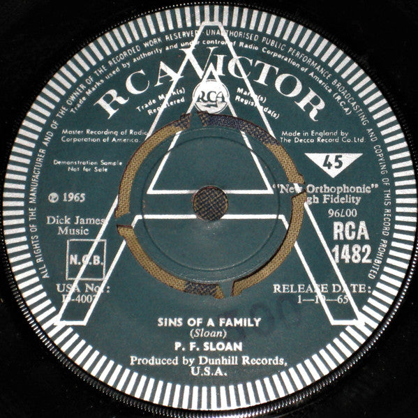 Image of Front Cover of 7" - /G+ - P.F. SLOAN, Sins Of A Family / This Mornin' (RCA Victor; RCA 1482, UK 1965, Promo), Sticker On Sleeve, Strong G+,  - 1256072S