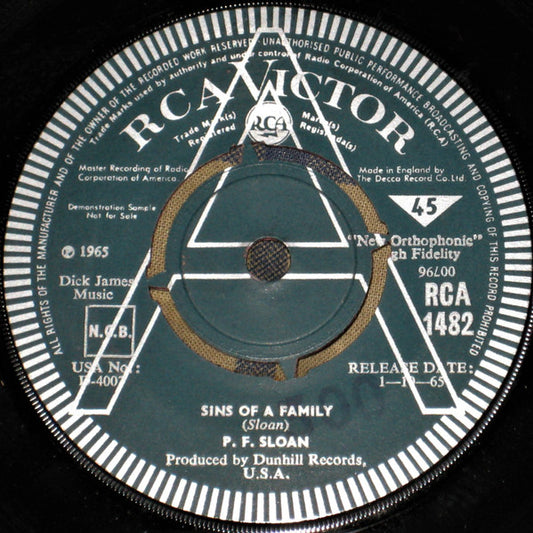 Image of Front Cover of 7" - /G+ - P.F. SLOAN, Sins Of A Family / This Mornin' (RCA Victor; RCA 1482, UK 1965, Promo), Sticker On Sleeve, Strong G+,  - 1256072S