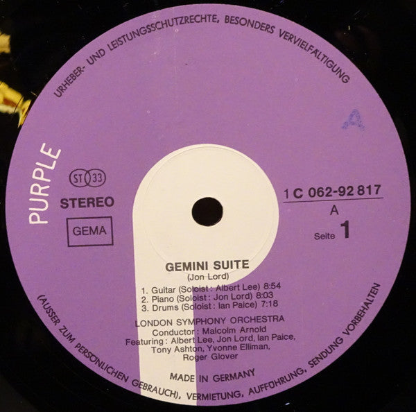 Image of Label Cover of LP - VG/G+ - JON LORD, LONDON SYMPHONY ORCHESTRA, Gemini Suite (Purple Records; 1 C 062-92 817, Germany 1971, Laminated Gatefold Sleeve With Two Lines Of Text In Upper Right Corner Inside), Light Marks only.,  - 1216228C
