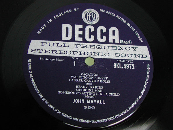 Image of Label Cover of LP - VG/G - JOHN MAYALL, Blues From Laurel Canyon (Decca Unboxed Labels; SKL 4972, UK 1969 Reissue, Robert Stace Laminated Gatefold Sleeve With Indicator Hole & Small Decca Box On Front, Company Inner, Stereo, JT In Runouts, No JT On Labels), Lots of light marks and hairlines, Good gloss to disc, Light wear to sleeve, With Decca Inner. ,  - 1216229C